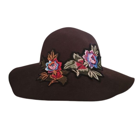 Hatch 100% Wool Wide Brim Floppy Hat Brown Floral Embroidery Festivalwear Boho - Picture 1 of 12